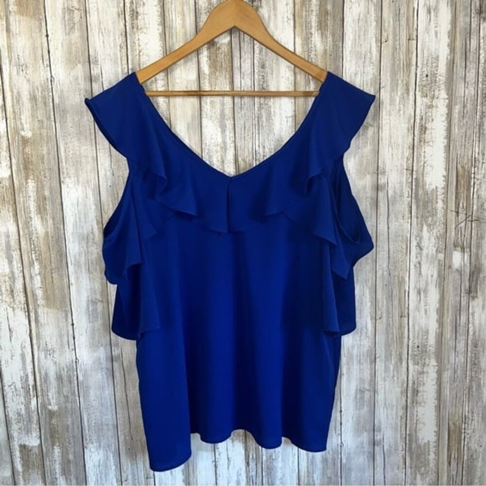 Umgee Cobalt Blue Ruffle Open Sleeve Blouse - Picture 1 of 6